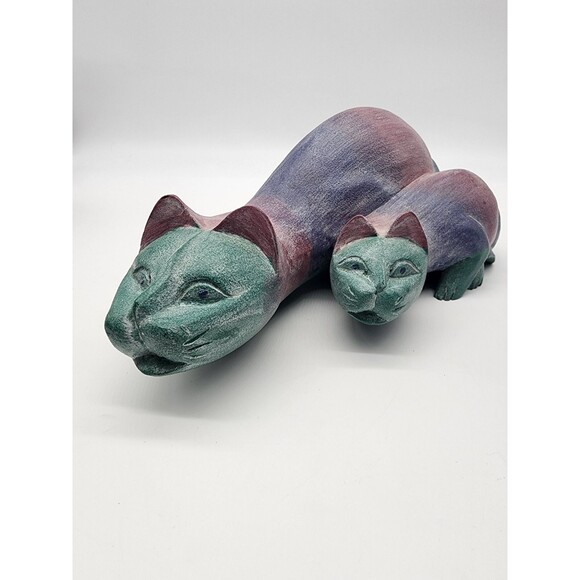 OOAK colorful 16" Purple Wood Hand Carved CAT Statue ARTISAN MADE ADULT KITTEN - Picture 3 of 14